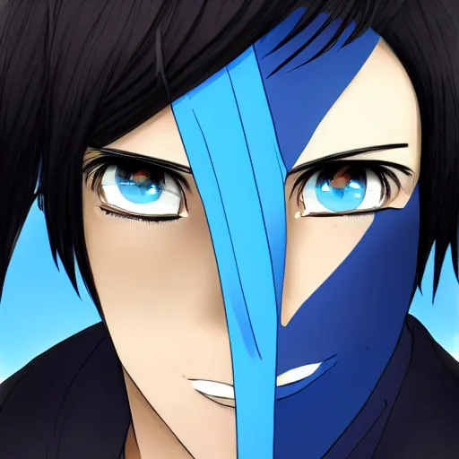 Image similar to high detailed anime portrait of man, black hair, short hair, blue eyes