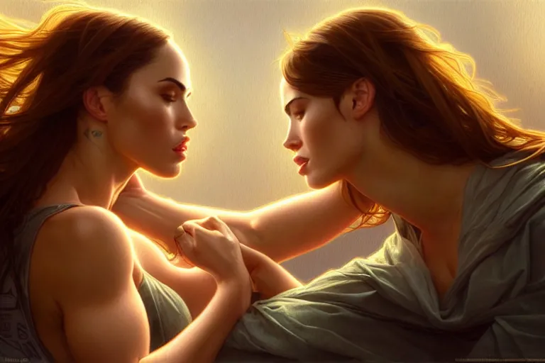 Image similar to portrait of megan fox kissing a blonde woman, muscular upper body intricate, headshot, highly detailed, digital painting, artstation, concept art, sharp focus, cinematic lighting, illustration, art by artgerm and greg rutkowski, alphonse mucha, cgsociety