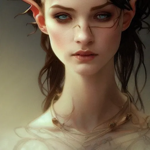 Image similar to portrait of very gorgeous elf, thorn crown, headshot, pale skin, 4k, rule of thirds, extreme detail, detailed drawing, trending artstation, hd, fantasy, D&D, realistic lighting, by Alphonse Mucha, Greg Rutkowski, sharp focus, backlit, bright white hair, elegant