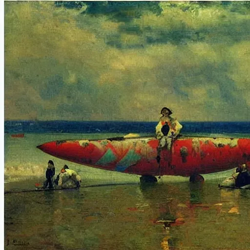 Image similar to zepplins in the shape of fish, 1905, brightly coloured oil on canvas, by ilya repin