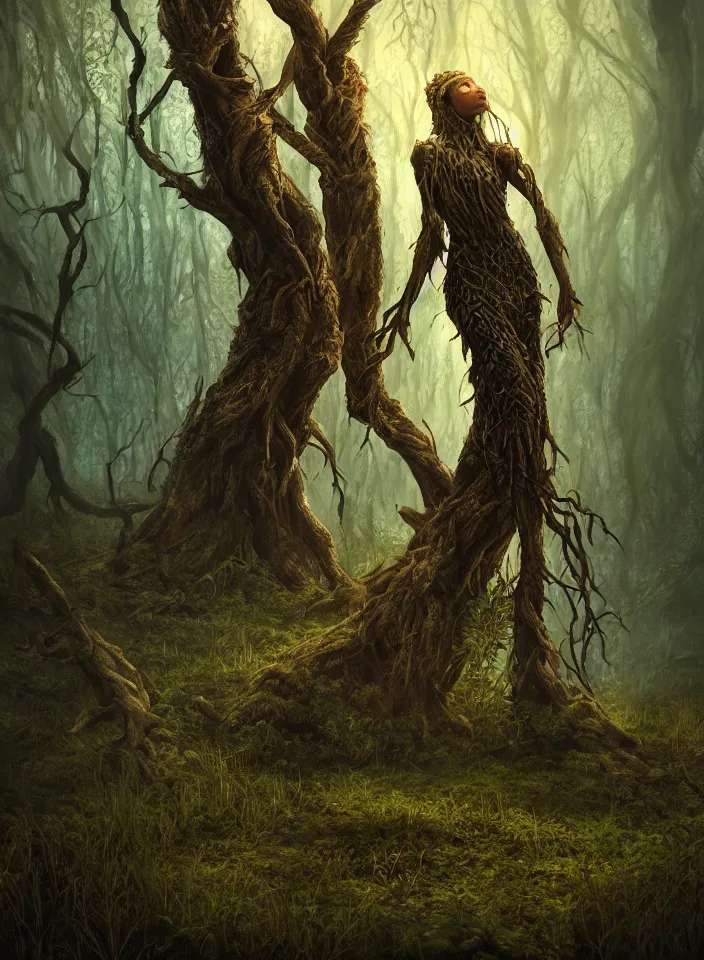 Image similar to a portrait of a dryad ent guarding the marshy swamps from skyrim, fantasy setting, cold environment, serene colors, soft lighting, atmospheric, cinematic, moody, in the style of diego koi, gina heyer, luiz escanuela, art by alyssa monk, hyperrealism, rule of thirds, golden ratio, oil on canvas, 8 k