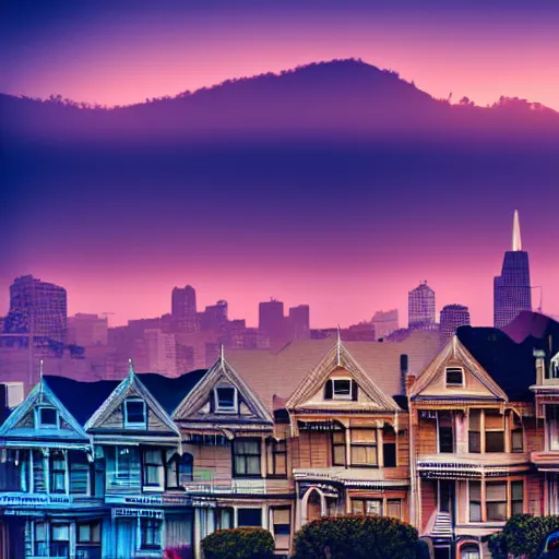 Image similar to a photograph of the painted ladies in san francisco at sunset foggy artstation cyberpunk dreamscape high definition