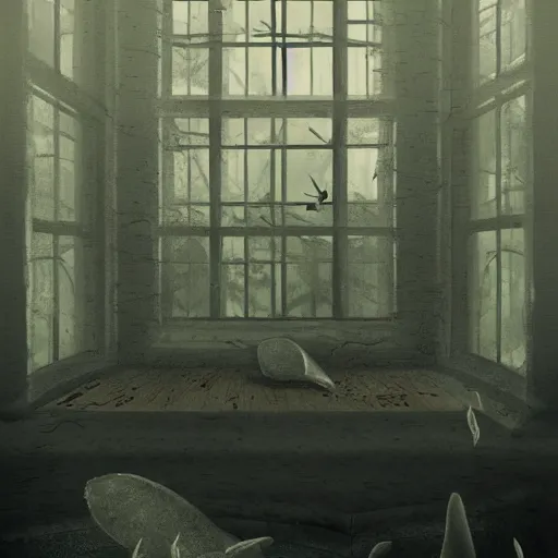 Image similar to this place is stuffy and filled with moths, are you sure this is were we are meant to be? this place is awfully creepy and the windows are fogged up., liminal space, trending on artstation