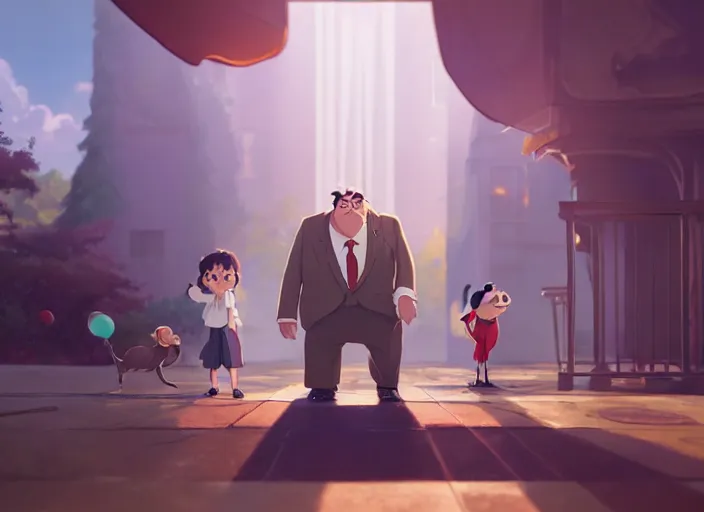 Image similar to mr winston welcoming his new guests, medium shot, studio ghibli, pixar and disney animation, sharp, rendered in unreal engine 5, anime key art by greg rutkowski, bloom, dramatic lighting