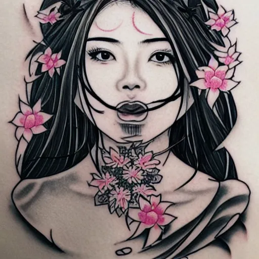 Prompt: tattoo design, stencil, tattoo stencil, traditional, beautiful portrait of a Japanese girl sticking her tongue out with flowers in her hair, upper body, by artgerm, artgerm, artgerm, digital art, cat girl, anime eyes, anime, sexy-s 100