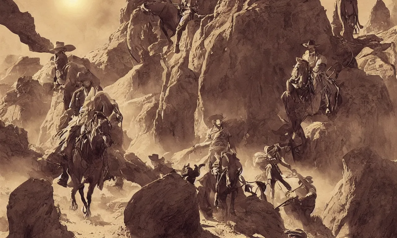 Prompt: Random classic western scenes in the style of classic Western Book Illustration, Cover Artwork, movie still, cinematic lighting, award-winning digital art by Jean Giraud Moebius and Frank Frazetta, you can really feel the spirit of the old west in this illustration, I can’t believe how beautiful this is, wow