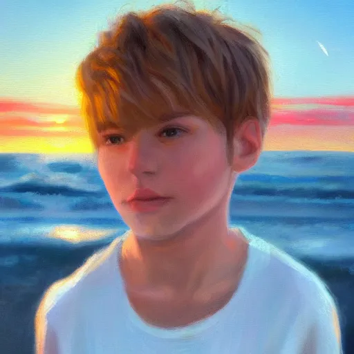 Image similar to an influencer boy portrait, sunset, ocean in distance, oil painting, pale colors, high detail, 8 k, wide angle, trending on artstation,