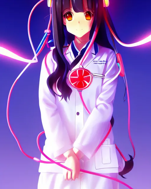 Image similar to anime style, vivid, expressive, full body, 4 k, painting, a cute magical girl with a long wavy black hair wearing a nurse outfit, stunning, realistic light and shadow effects, centered, simple background, studio ghibly makoto shinkai yuji yamaguchi