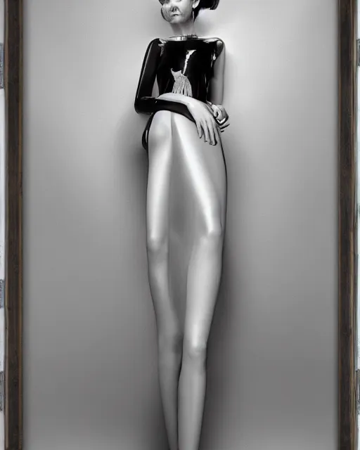 Prompt: a highly detailed unreal engine symmetric portrait of a long legged freaky goddess in a latex dress in an endless galaxy, boke, tilted frame, henry cartier bresson