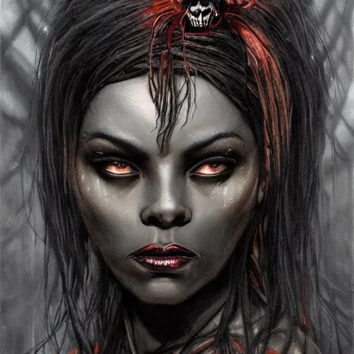 Prompt: Dark Fantasy Painting of a voodoo witch with a sinister evil look on her face, black widow spiders in her hair, creepy, unsettling, horror, upper body, wearing a dark dress, intricate, wild, highly detailed, digital painting, artstation, concept art, smooth, sharp focus, illustration, art by artgerm and greg rutkowski and alphonse mucha