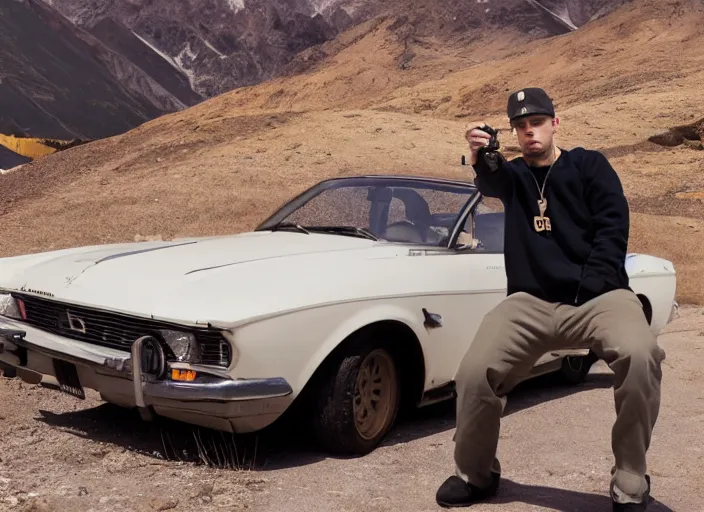 Image similar to a very high resolution image from a new movie, eminem shooting a car. mountains, directed by wes anderson