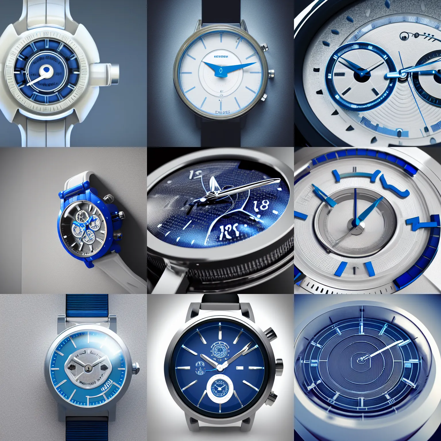 Prompt: futuristic watch ( classic design ), white, blue, silver, studio photo, studio light, high class, octane render, macro lens