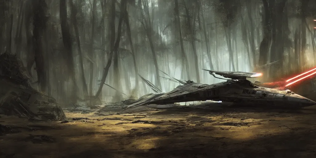 Image similar to a painting of a cinematic keyframe of star wars a destroyed x - wing fighter in dagobah's forest, heavy atmosphere and smoke by greg rutkowski, rule of thirds, golden ratio, ambient lighting, wlop, artgerm, artstation, highly detailed masterpiece, dark fantasy art, high detail, trending on artstation