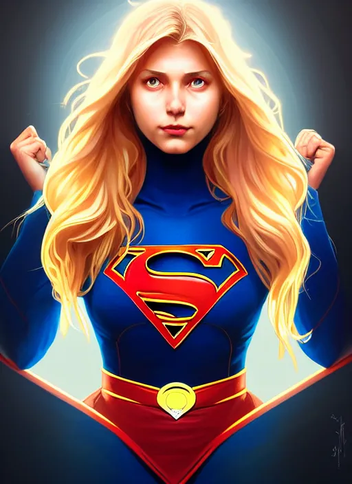 Image similar to symmetry portrait of supergirl, intricate, elegant, highly detailed, digital painting, artstation, concept art, smooth, sharp focus, illustration, art by artgerm and greg rutkowski and alphonse mucha, 8 k