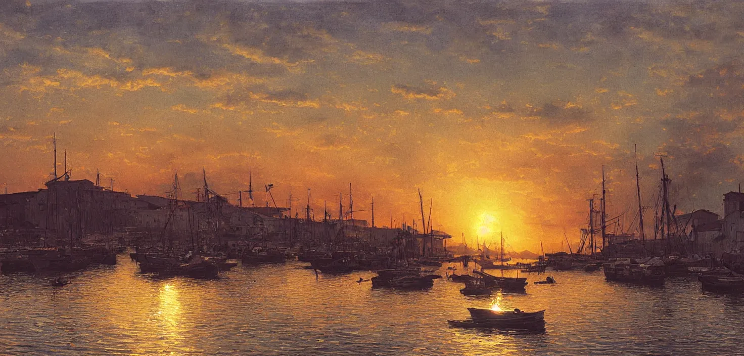 Prompt: beautiful sunset over a busy shipyard, trogir golden hour, 1 9 0 0 s photograph