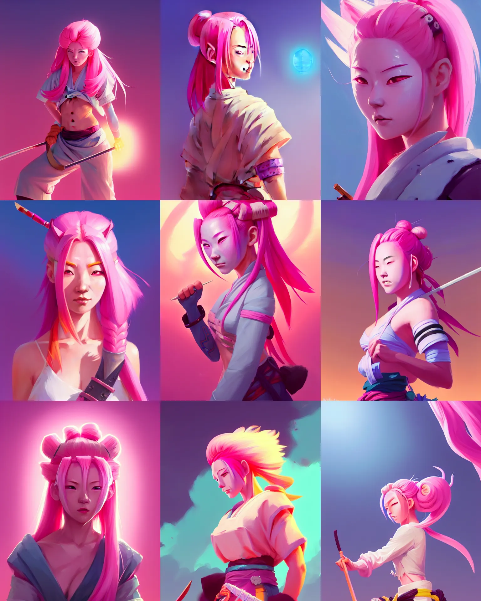 Prompt: painted character, pink haired samurai girl, bright backlit, key lighting, smooth, gaudy colors, maya render, octane render aesthetic, dota matte painting concept art, official fanart behance hd artstation by jesper ejsing, by rhads and lois van baarle and ilya kuvshinov and rossdraws