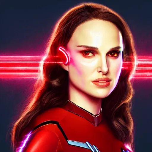 Image similar to Natalie Portman as scarlet witch from MCU, highly detailed, artstation, 8K HDR, sunset.