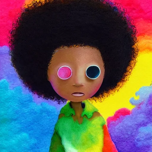 Image similar to a black girl with a colorful afro and cute! eyes sliding down a rainbow!, bright colors, watercolor, volumetric wool felting, macro photography, children illustration, by goro fujita