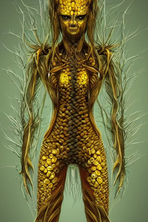 Image similar to corn dandelion humanoid figure monster, symmetrical, highly detailed, digital art, sharp focus, trending on art station, amber eyes