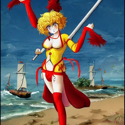Image similar to 1 5 th century ronald mcdonald siege weapons with pretty anime girl in bikini