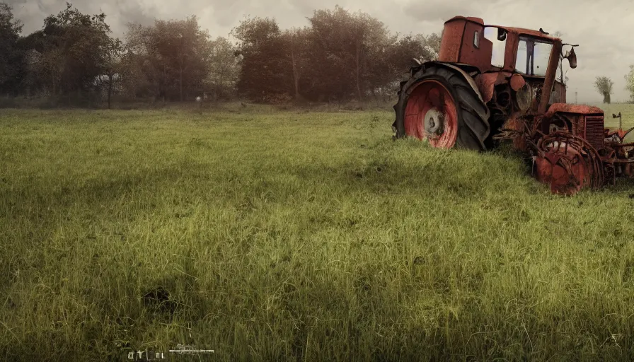 Image similar to abandoned old 2 0 0 0's belgian farm with vegetation, abandoned rusted tractor, morning, hyperdetailed, artstation, cgsociety, 8 k