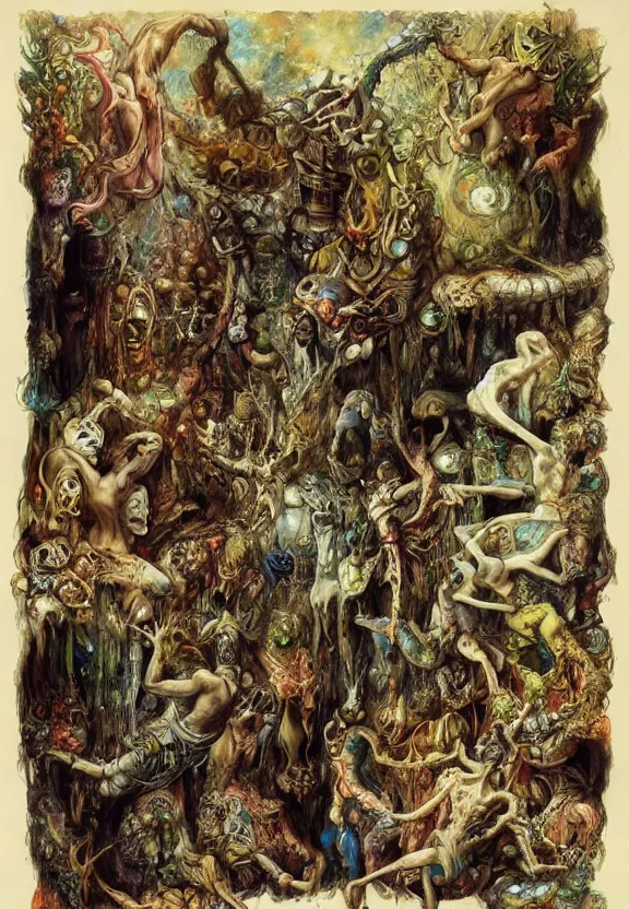 Image similar to colorful muscular eldritch bodies radiating town fractal, white bones, white skeletons, by h. r. giger and esao andrews and maria sibylla merian eugene delacroix, gustave dore, thomas moran, pop art, chiaroscuro, biopunk, art nouveau