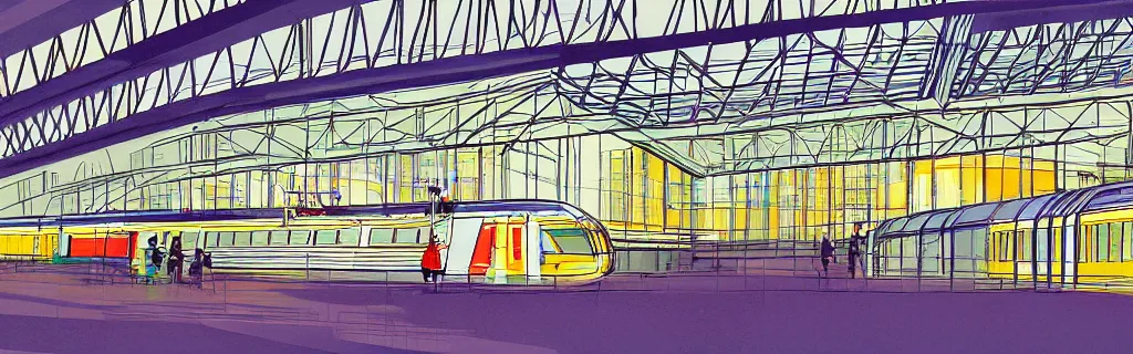 Image similar to birmingham new street train station exterior, gouache, animated film, stylised, illustration, by eyvind earle, scott wills, genndy tartakovski, syd mead