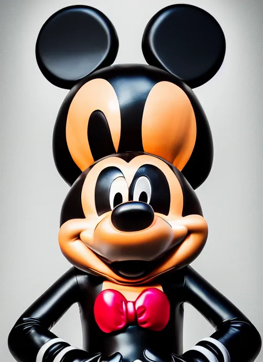 Prompt: stylized shiny latex rubber leather ornate statue full body made of marble of disney character mickey mouse, perfect symmetrical body, perfect symmetrical face, hyper realistic, hyper detailed, by johannen voss, by michelangelo, octane render, blender, 8 k, displayed in pure white studio room