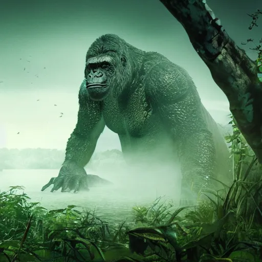 Prompt: A photograph of a giant monster lurking in the swamp, crocodile, mangrove swamp, murky water, (vines), gorilla, trending on artstation, ((tiger)), Godzilla, (((dragonfly))), ((mist)), bugs