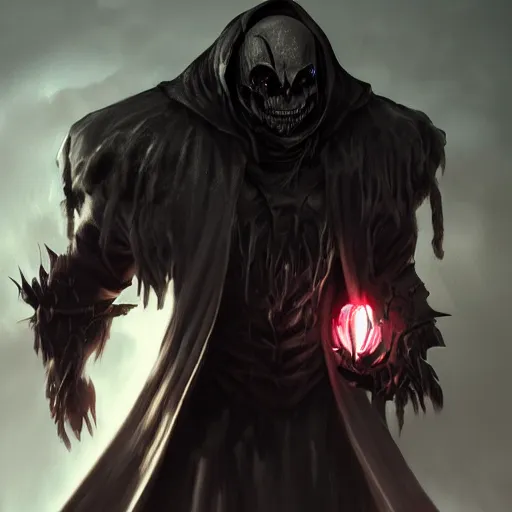 Image similar to photorealistic dark fantasy concept art of nightmare sans with his eye glowing, dynamic lighting, stunning visuals, ray tracing, beautiful scenery, cinematic, full body portrait, ultra detailed, hyper detail