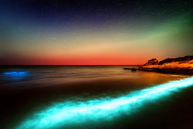 Prompt: bioluminescent waves, beach, night, landscape, relax atmosphere, magic atmosphere, photo realistic