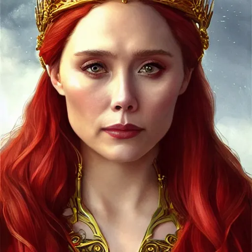 Prompt: Elizabeth Olsen with red hair and crown as Cersei Lannister,a song of ice and fire , fantasy, intricate, elegant, highly detailed, digital painting, artstation, concept art, matte, sharp focus, illustration, art by Artgerm and Greg Rutkowski and Alphonse Mucha