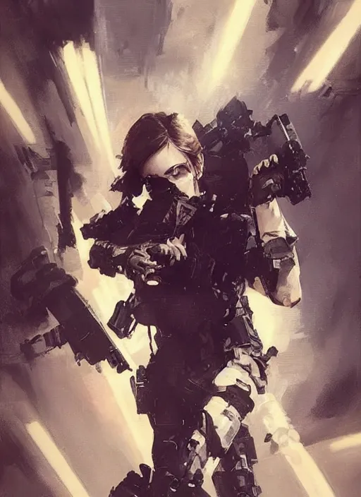 Image similar to emma watson wearing metal gear armor holding ak-47 dramatic lighting art by Yoji Shinkawa by Richard Schmid by greg rutkowski by Sandra Chevrier by Jeremy Lipking cinematic dramatic