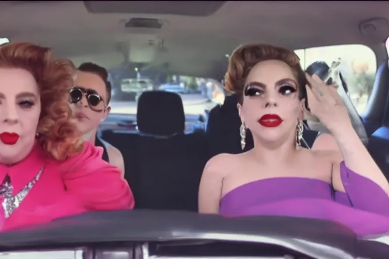 Image similar to lady gaga and judy garland doing carpool karaoke, lady gaga and judy garland, carpool karaoke, lady gaga, judy garland, carpool karaoke, youtube video screenshot, the late late show with james corden, higly realistic, high resolution, dashcam