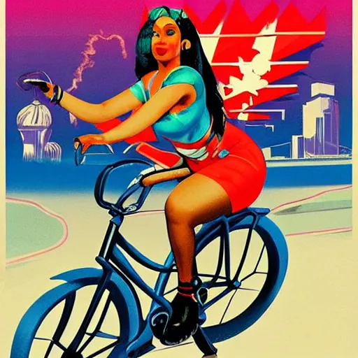 Image similar to portrait of nicki minaj riding a bicycle in summer, soviet propaganda poster, colored, artgerm, highly detailed