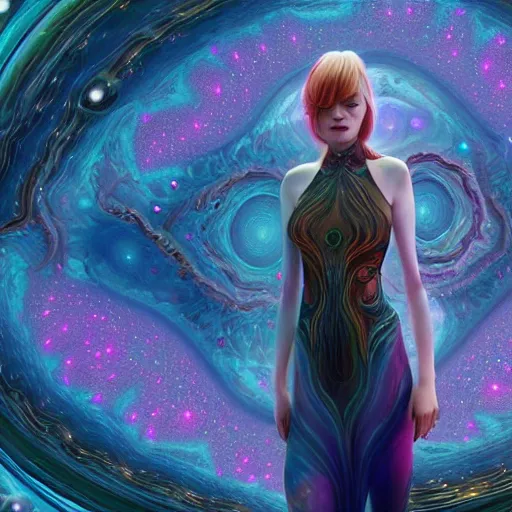 Image similar to emma stone as a cosmic fractal, hyper detailed, digital art, trending in artstation, cinematic lighting, studio quality, smooth render, unreal engine 5 rendered, octane rendered, art style by klimt and nixeu and ian sprigger and wlop and krenz cushart.