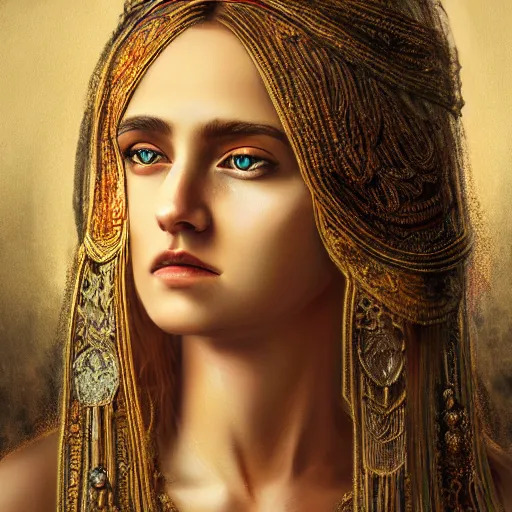 Prompt: embracing honesty pernicious intercession Solomon Temple unknown sonority, detailed beautiful woman young face, realistic fantasy, cinematic, extremely high detail, photorealistic, cinematic lighting, oil painting, intricate line drawings, 4k resolution