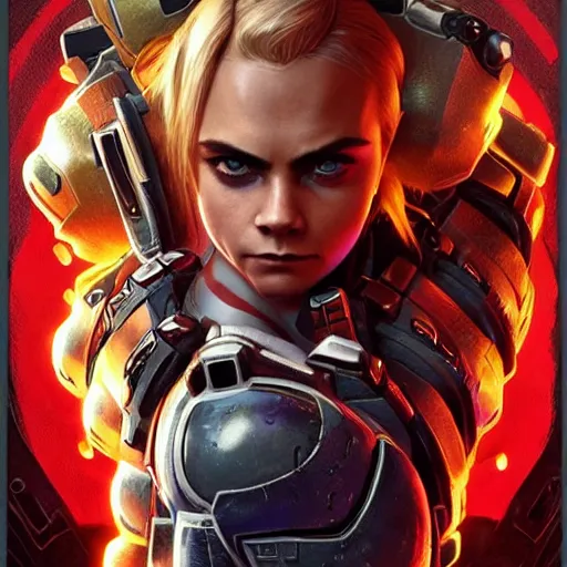 Image similar to Symmetric movie poster of Cara delevingne as Samus Aran , Gears of War cover art, ultra wide lens shot,cinematic lighting, beautiful,art by Artgerm and Greg Rutkowski and Alphonse Mucha