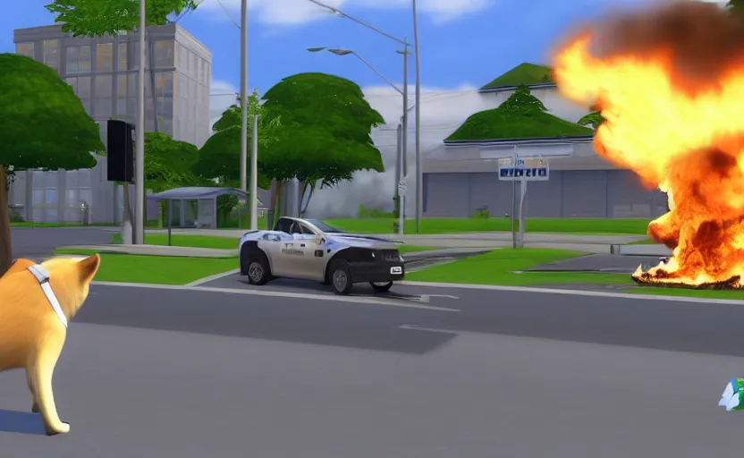 Image similar to a shiba inu watches a police car burn in the sims