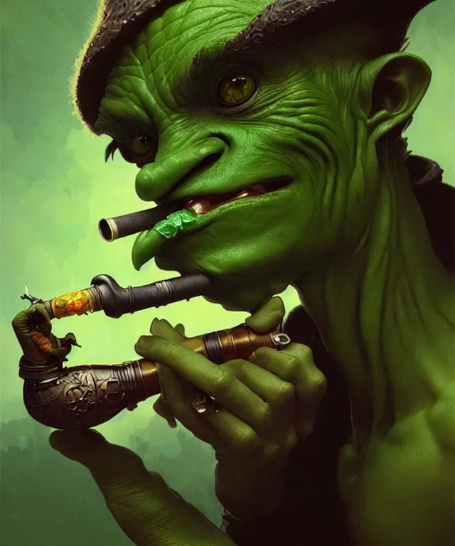 Prompt: a green-skinned goblin smoking a pipe, portrait, intricate, elegant, highly detailed, smooth, sharp focus, art by artgerm and greg rutkowski and alphonse mucha