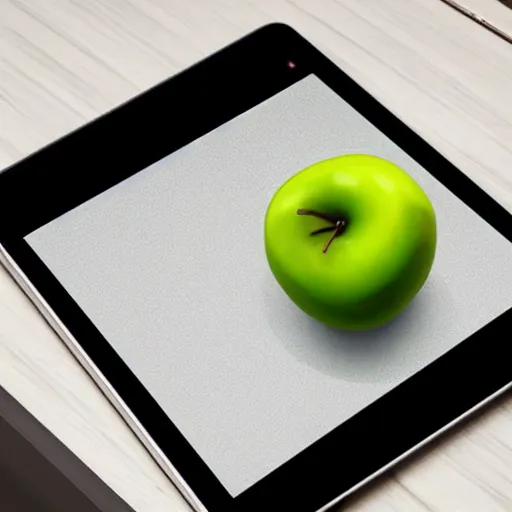 Image similar to a tablet in the shape of an apple with white accents designed by apple