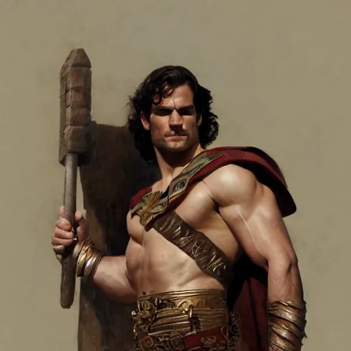 Image similar to Henry Cavill as a Greek gladiator, gorgeous, amazing, muscular, intricate, highly detailed, digital painting, artstation, concept art, sharp focus, illustration, art by greg rutkowski and alphonse mucha