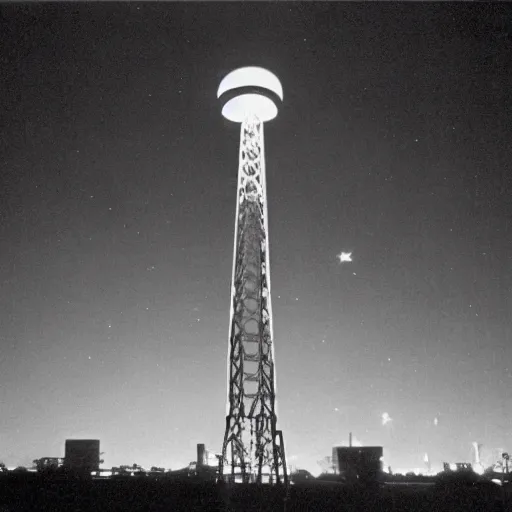 Prompt: a picture of an ufo above an television tower at night, 1 9 6 0's, black and white