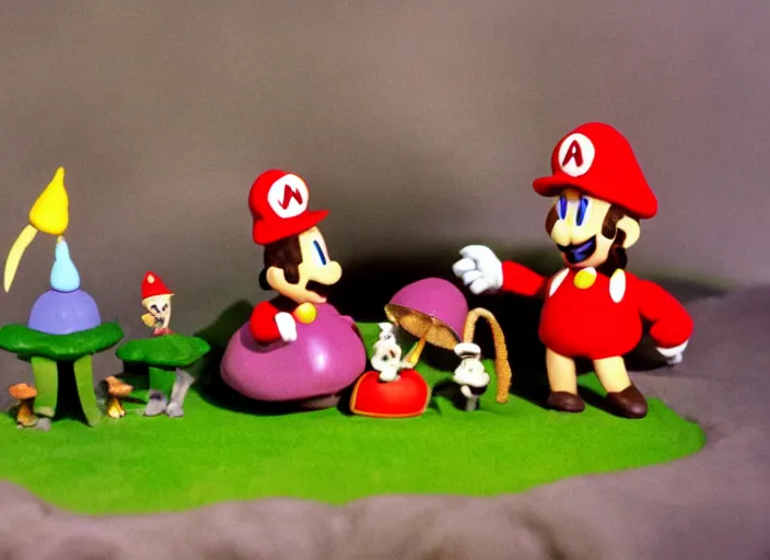 Prompt: still from a 1 9 8 5 live - action stop - motion puppetry tv show by tim burton starring the mario bros. and bowser and princess toadstool and toad and mario's enemies in dioramas of the mushroom kingdom. everything is made of plasticine, fabric, and physical materials. photographic ; cute ; highly - detailed.