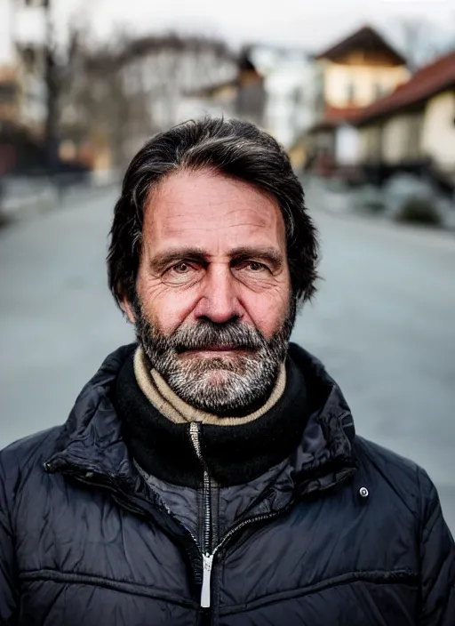 Prompt: a personal close up portrait of a 5 2 year old man from switzerland, his hair is brown and short, his eyes are green, his face is symmetric and friendly, he's proud to be where he is in life, black jacket, ambient light, beautiful composition, magazine photography, full frame, 5 0 mm, f 1. 8