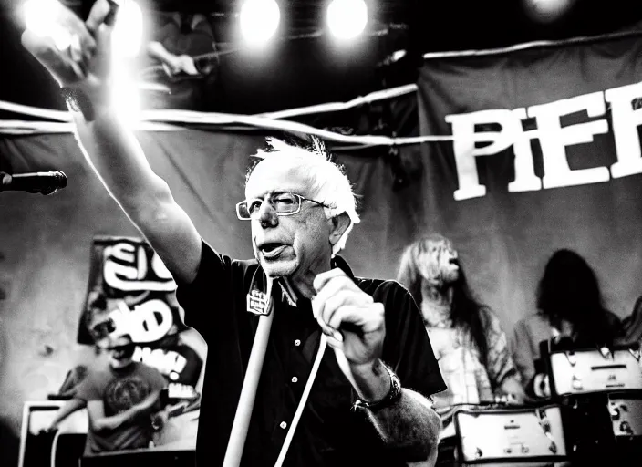 Image similar to publicity photo still of bernie sanders in a punk band playing live on stage, 8 k, live concert lighting, mid shot