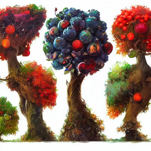 Prompt: tree made of all kinds fruits, by rossdraws, james jean, andrei riabovitchev, marc simonetti, yoshitaka amano, artstation, cgsociety