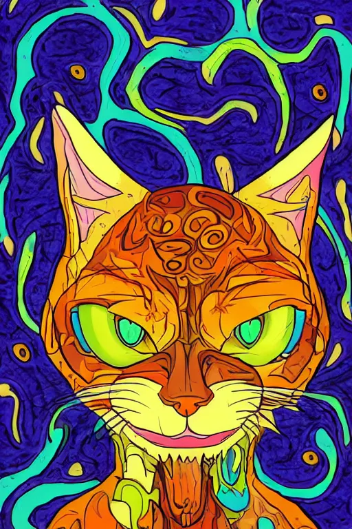 Image similar to demon cat, art by brian miller, colorful, illustration, highly detailed, simple, no jagged lines, smooth