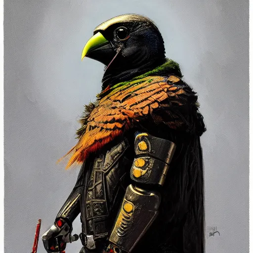 Prompt: neon armored kenku, artistically anthropomorphic black bird head. cloaked hood down, science fiction, portrait by donato giancola and greg rutkowski and wayne barlow. top all time r / imaginarycyberpunk.