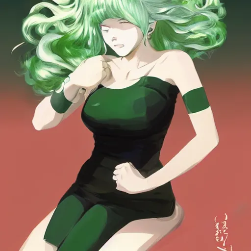 Prompt: painting of tatsumaki from one punch man, green hair, black dress, cool color palette, refreshing, soft lighting, by cushart krenz, by makoto shinkai